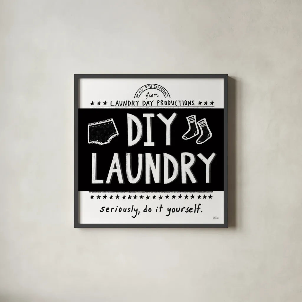DIY Laundry BW by Melissa Averinos. Shown in a sleek black glass frame for a contemporary gallery look. Available as an archival giclee rolled canvas, fine art paper, or poster print. SKU 59466a.