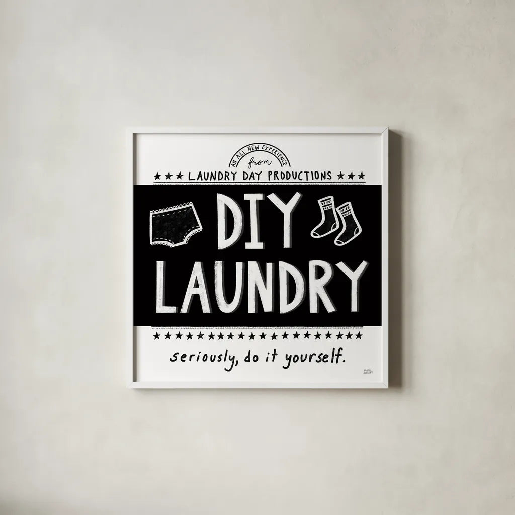 DIY Laundry BW by Melissa Averinos. Shown in a crisp white glass frame for a clean and minimalist style. Available as an archival giclee rolled canvas, fine art paper, or poster print. SKU 59466a.