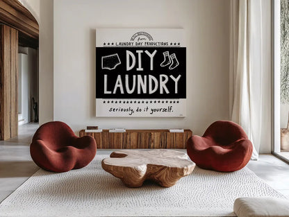 DIY Laundry BW by Melissa Averinos. Shown as extra-large giant wall art in a modern living room. Available as an archival giclee rolled canvas, fine art paper, or poster print. SKU 59466a.