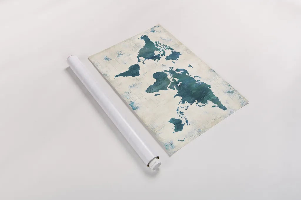 Discover the World Blue by Melissa Averinos. shown as a rolled paper print. Available as archival giclee rolled canvas, fine art paper, or poster print. SKU 25365i.