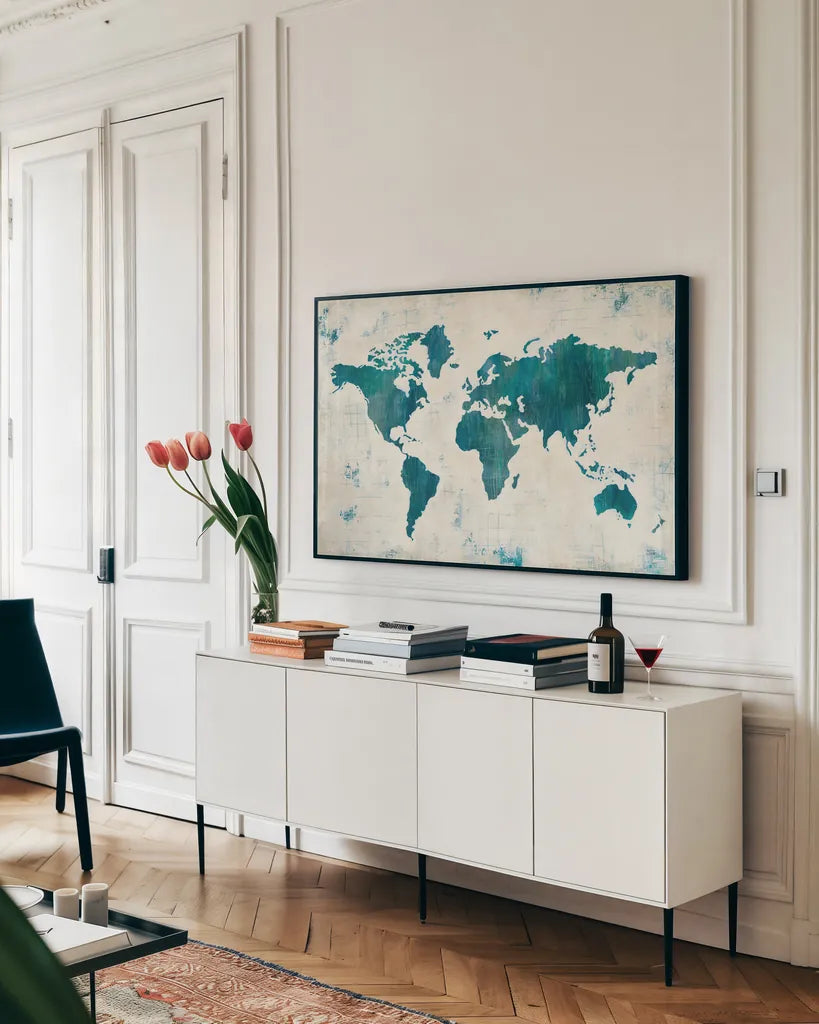 Discover the World Blue by Melissa Averinos. shown as a framed stretched canvas in a living room above a console. Available as a archival giclee rolled canvas, fine art paper, or poster print. SKU 25365i.