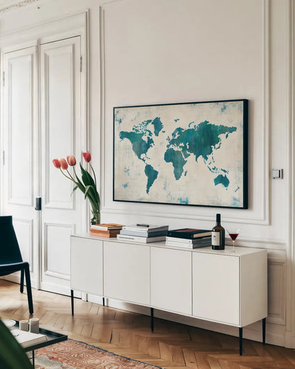 Discover the World Blue by Melissa Averinos. shown as a framed stretched canvas in a living room above a console. Available as a archival giclee rolled canvas, fine art paper, or poster print. SKU 25365i.