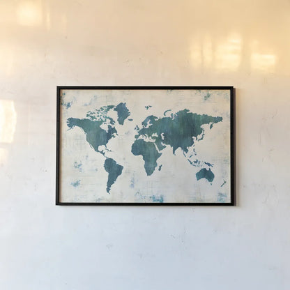 Discover the World Blue by Melissa Averinos. shown as a paper print in a black flame. Available as a archival giclee rolled canvas, fine art paper, or poster print. SKU 25365i.