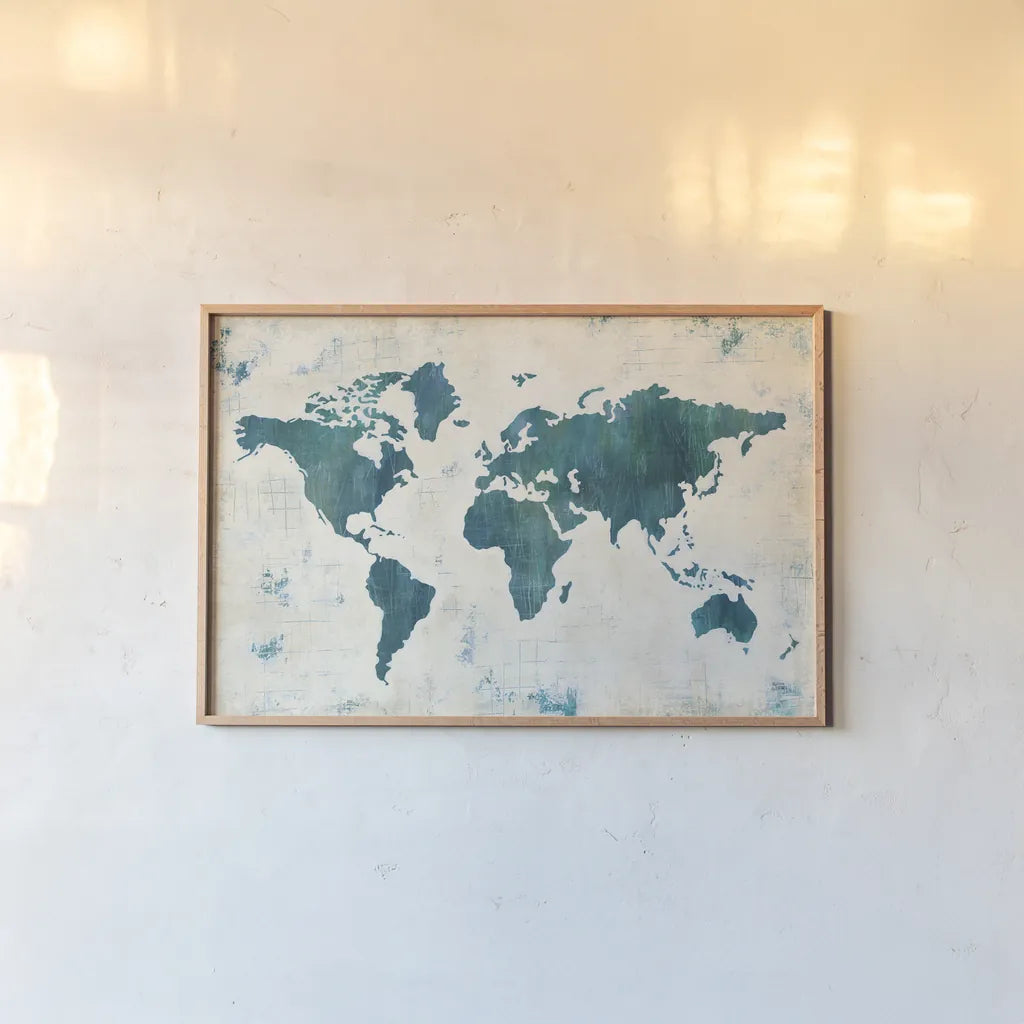 Discover the World Blue by Melissa Averinos. shown as a paper print in a natural frame. Available as a archival giclee rolled canvas, fine art paper, or poster print. SKU 25365i.