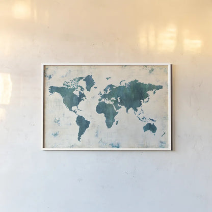 Discover the World Blue by Melissa Averinos. shown as a paper print in a white frame. Available as a archival giclee rolled canvas, fine art paper, or poster print. SKU 25365i.