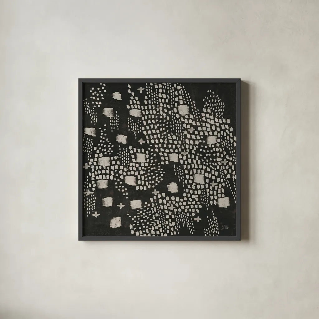 Dots and Blocks by Melissa Averinos. Shown in a sleek black glass frame for a contemporary gallery look. Available as an archival giclee rolled canvas, fine art paper, or poster print. SKU 69864a.