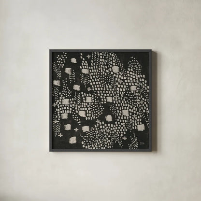Dots and Blocks by Melissa Averinos. Shown in a sleek black glass frame for a contemporary gallery look. Available as an archival giclee rolled canvas, fine art paper, or poster print. SKU 69864a.