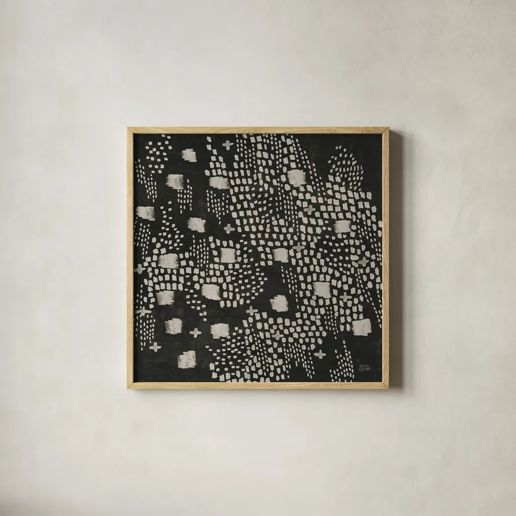 Dots and Blocks by Melissa Averinos. Shown in a natural wood glass frame for a timeless modern aesthetic. Available as an archival giclee rolled canvas, fine art paper, or poster print. SKU 69864a.
