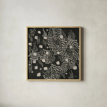 Dots and Blocks by Melissa Averinos. Shown in a natural wood glass frame for a timeless modern aesthetic. Available as an archival giclee rolled canvas, fine art paper, or poster print. SKU 69864a.
