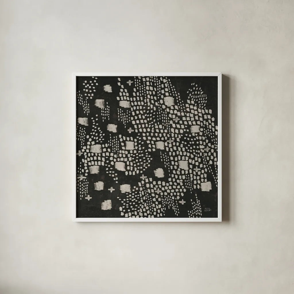 Dots and Blocks by Melissa Averinos. Shown in a crisp white glass frame for a clean and minimalist style. Available as an archival giclee rolled canvas, fine art paper, or poster print. SKU 69864a.