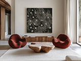 Dots and Blocks by Melissa Averinos. Shown as extra-large giant wall art in a modern living room. Available as an archival giclee rolled canvas, fine art paper, or poster print. SKU 69864a.