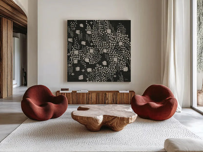 Dots and Blocks by Melissa Averinos. Shown as extra-large giant wall art in a modern living room. Available as an archival giclee rolled canvas, fine art paper, or poster print. SKU 69864a.