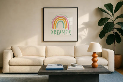 Dreamer by Melissa Averinos. Displayed in a glass frame with matte in a clean modern living room. Available as an archival giclee rolled canvas, fine art paper, or poster print. SKU 59980a.