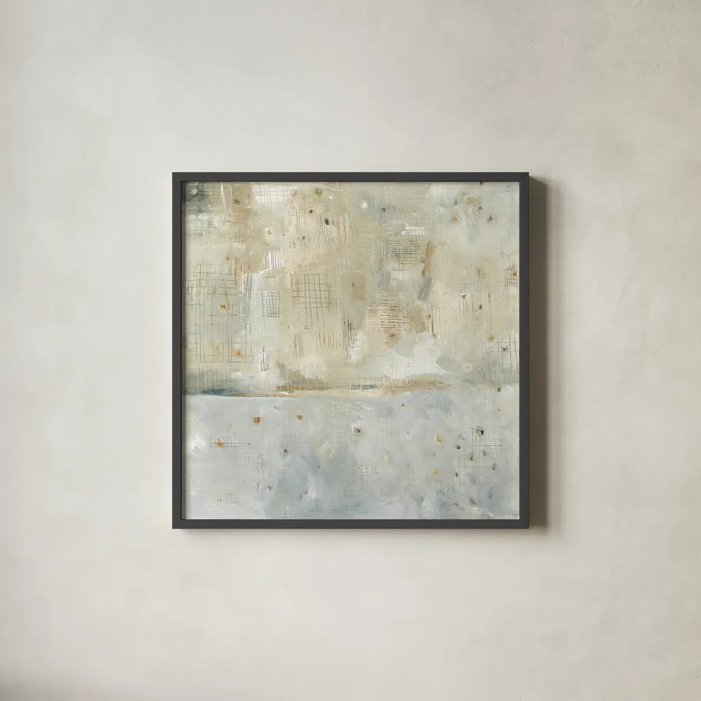 Dreaming of the Shore Neutral by Melissa Averinos. Shown in a sleek black glass frame for a contemporary gallery look. Available as an archival giclee rolled canvas, fine art paper, or poster print. SKU 28915a.