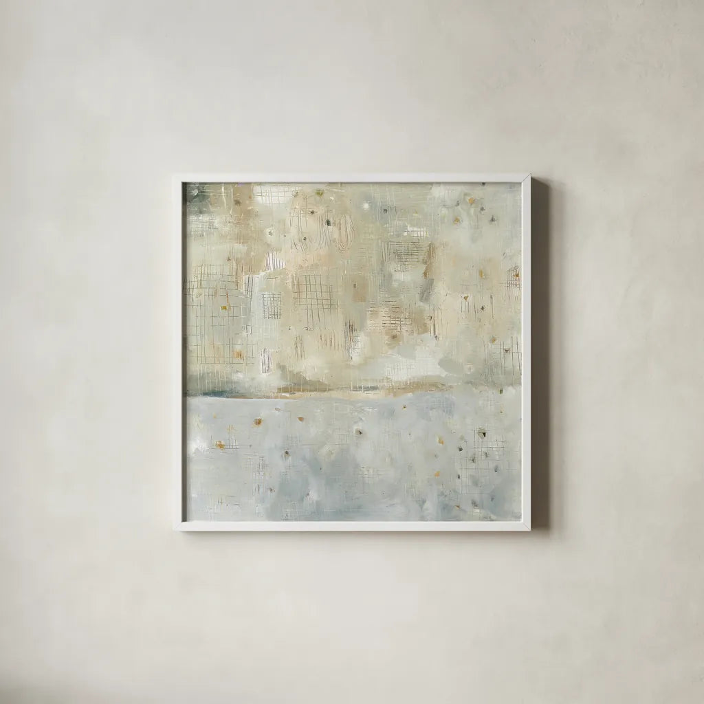 Dreaming of the Shore Neutral by Melissa Averinos. Shown in a crisp white glass frame for a clean and minimalist style. Available as an archival giclee rolled canvas, fine art paper, or poster print. SKU 28915a.