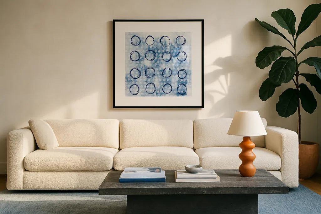 Eclipse III by Melissa Averinos. Displayed in a glass frame with matte in a clean modern living room. Available as an archival giclee rolled canvas, fine art paper, or poster print. SKU 29239a.