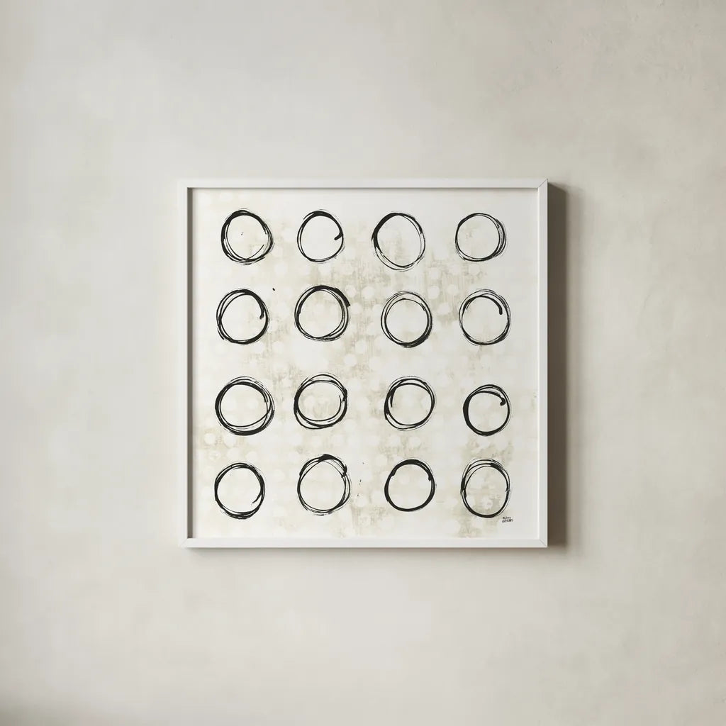 Eclipse III Neutral by Melissa Averinos. Shown in a crisp white glass frame for a clean and minimalist style. Available as an archival giclee rolled canvas, fine art paper, or poster print. SKU 29241a.