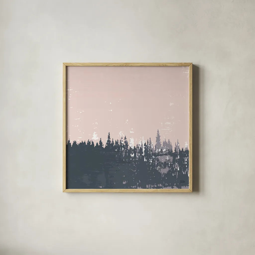 Evening Forest I by Melissa Averinos. Shown in a natural wood glass frame for a timeless modern aesthetic. Available as an archival giclee rolled canvas, fine art paper, or poster print. SKU 57291a.