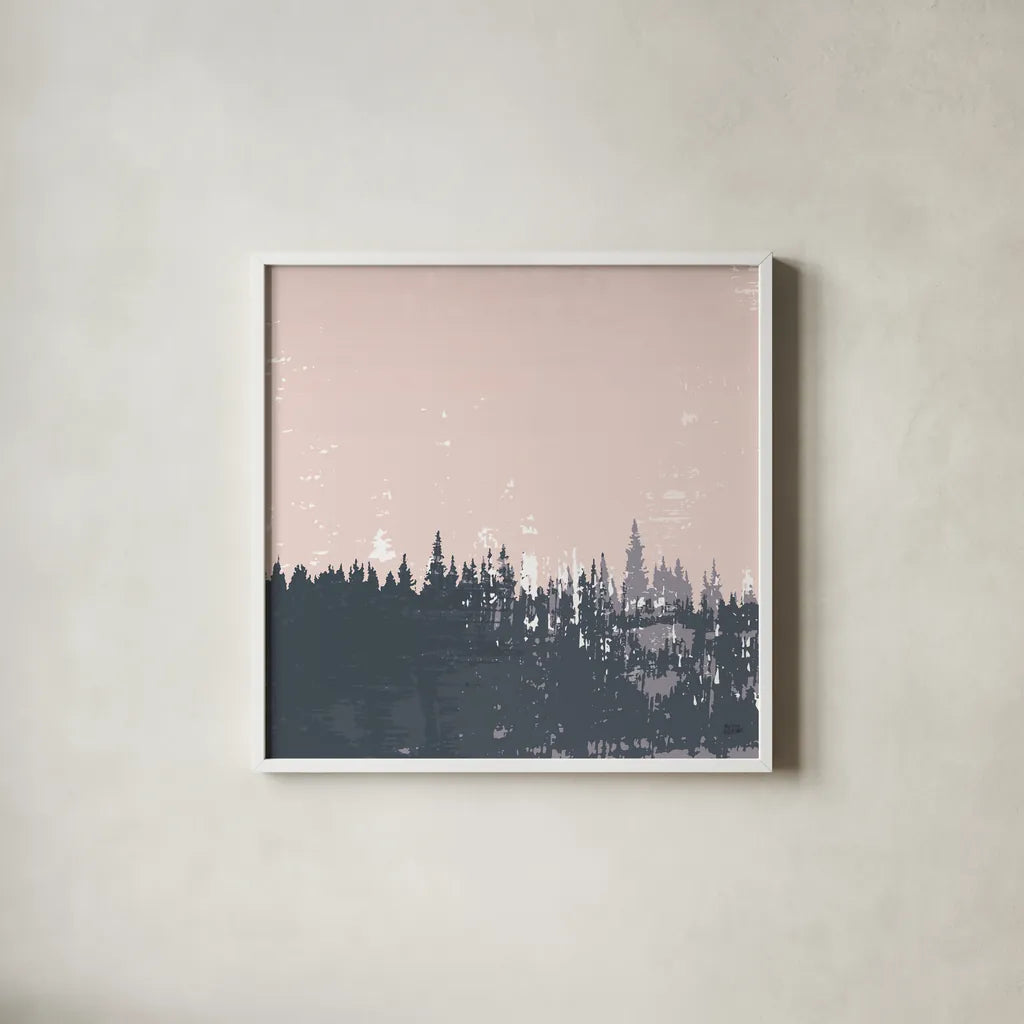 Evening Forest I by Melissa Averinos. Shown in a crisp white glass frame for a clean and minimalist style. Available as an archival giclee rolled canvas, fine art paper, or poster print. SKU 57291a.