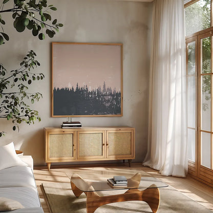 Evening Forest I by Melissa Averinos. Shown in a natural wood frame in a cozy modern living room. Available as an archival giclee rolled canvas, fine art paper, or poster print. SKU 57291a.