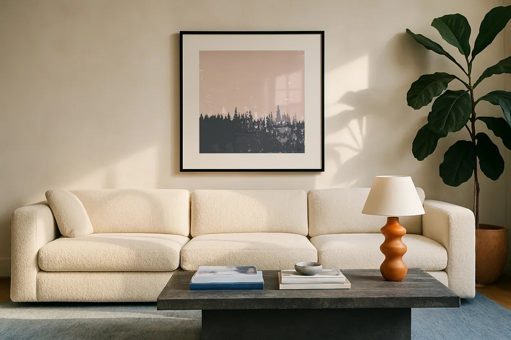 Evening Forest I by Melissa Averinos. Displayed in a glass frame with matte in a clean modern living room. Available as an archival giclee rolled canvas, fine art paper, or poster print. SKU 57291a.