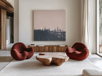 Evening Forest I by Melissa Averinos. Shown as extra-large giant wall art in a modern living room. Available as an archival giclee rolled canvas, fine art paper, or poster print. SKU 57291a.