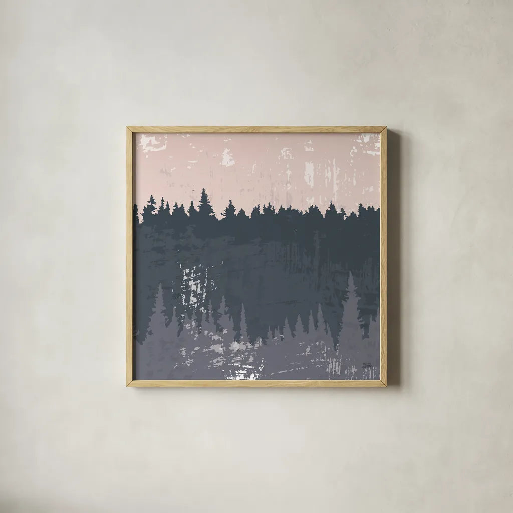 Evening Forest II by Melissa Averinos. Shown in a natural wood glass frame for a timeless modern aesthetic. Available as an archival giclee rolled canvas, fine art paper, or poster print. SKU 57292a.