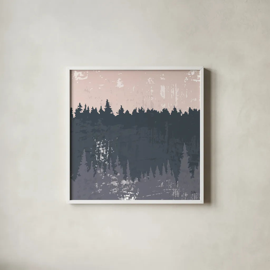 Evening Forest II by Melissa Averinos. Shown in a crisp white glass frame for a clean and minimalist style. Available as an archival giclee rolled canvas, fine art paper, or poster print. SKU 57292a.