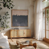 Evening Forest II by Melissa Averinos. Shown in a natural wood frame in a cozy modern living room. Available as an archival giclee rolled canvas, fine art paper, or poster print. SKU 57292a.