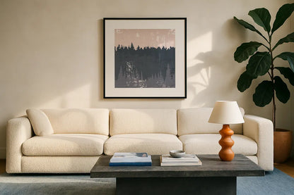 Evening Forest II by Melissa Averinos. Displayed in a glass frame with matte in a clean modern living room. Available as an archival giclee rolled canvas, fine art paper, or poster print. SKU 57292a.