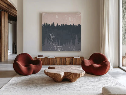 Evening Forest II by Melissa Averinos. Shown as extra-large giant wall art in a modern living room. Available as an archival giclee rolled canvas, fine art paper, or poster print. SKU 57292a.
