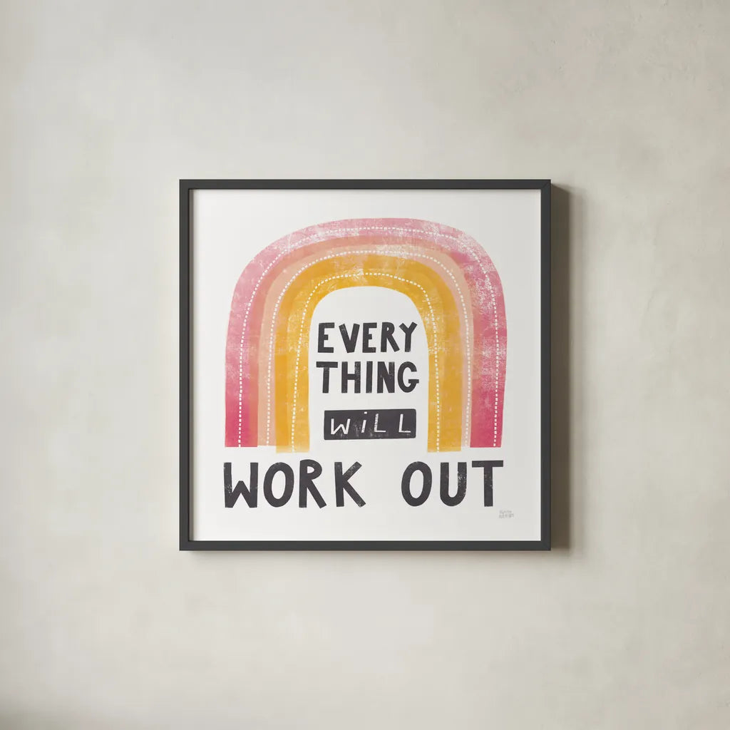 Everything Will Work Out by Melissa Averinos. Shown in a sleek black glass frame for a contemporary gallery look. Available as an archival giclee rolled canvas, fine art paper, or poster print. SKU 59985a.
