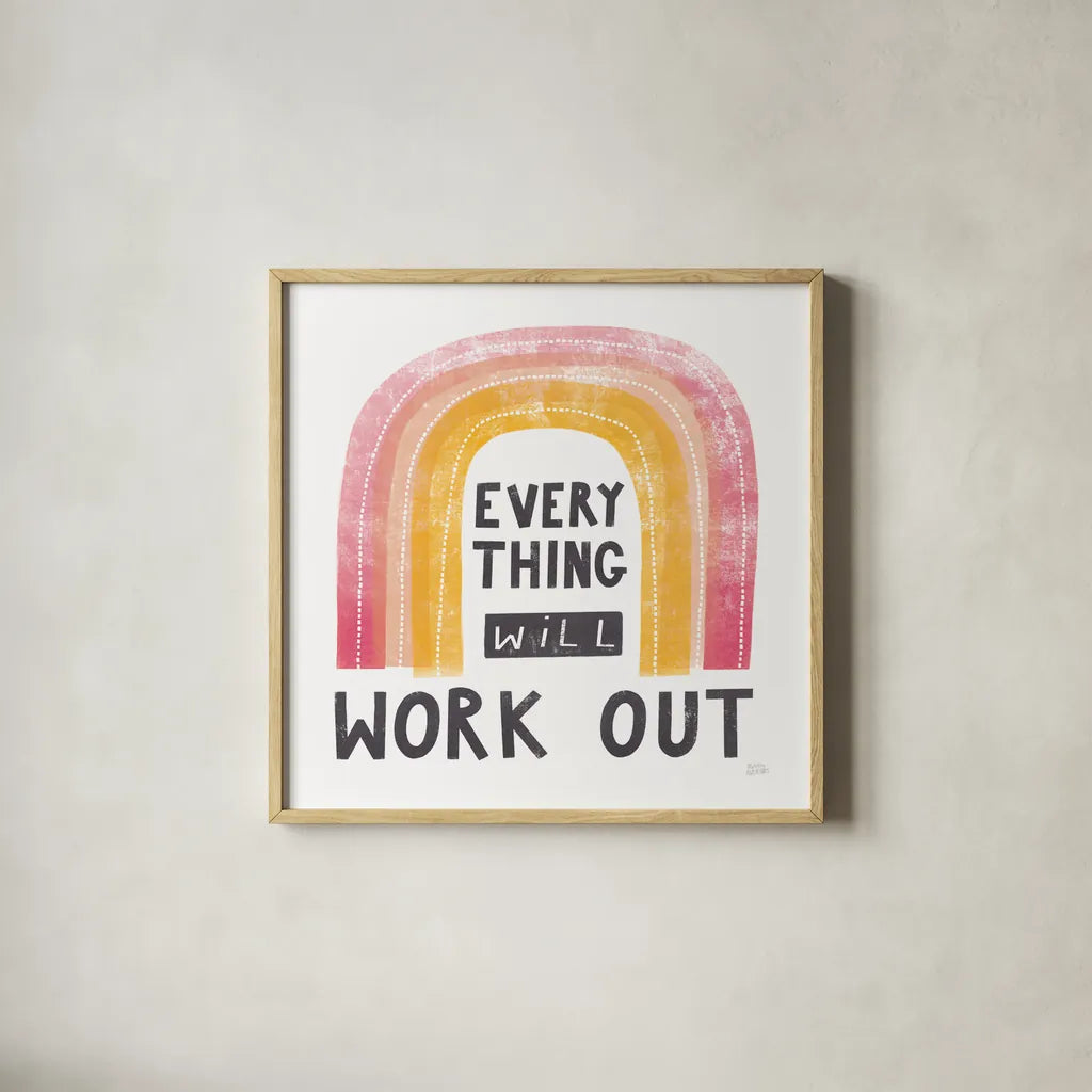 Everything Will Work Out by Melissa Averinos. Shown in a natural wood glass frame for a timeless modern aesthetic. Available as an archival giclee rolled canvas, fine art paper, or poster print. SKU 59985a.