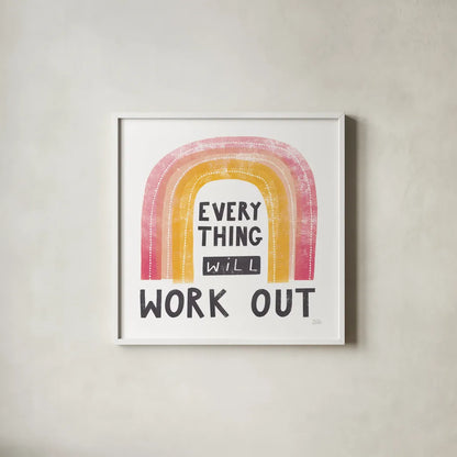 Everything Will Work Out by Melissa Averinos. Shown in a crisp white glass frame for a clean and minimalist style. Available as an archival giclee rolled canvas, fine art paper, or poster print. SKU 59985a.