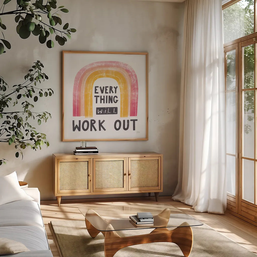 Everything Will Work Out by Melissa Averinos. Shown in a natural wood frame in a cozy modern living room. Available as an archival giclee rolled canvas, fine art paper, or poster print. SKU 59985a.