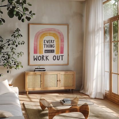 Everything Will Work Out by Melissa Averinos. Shown in a natural wood frame in a cozy modern living room. Available as an archival giclee rolled canvas, fine art paper, or poster print. SKU 59985a.