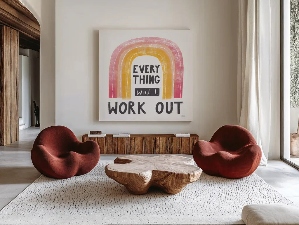 Everything Will Work Out by Melissa Averinos. Shown as extra-large giant wall art in a modern living room. Available as an archival giclee rolled canvas, fine art paper, or poster print. SKU 59985a.