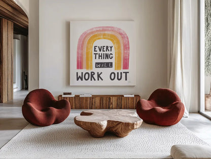 Everything Will Work Out by Melissa Averinos. Shown as extra-large giant wall art in a modern living room. Available as an archival giclee rolled canvas, fine art paper, or poster print. SKU 59985a.