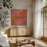 Fantasy Land by Melissa Averinos. Shown in a natural wood frame in a cozy modern living room. Available as an archival giclee rolled canvas, fine art paper, or poster print. SKU 27614a.