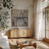 Fantasy Land Neutral by Melissa Averinos. Shown in a natural wood frame in a cozy modern living room. Available as an archival giclee rolled canvas, fine art paper, or poster print. SKU 28916a.