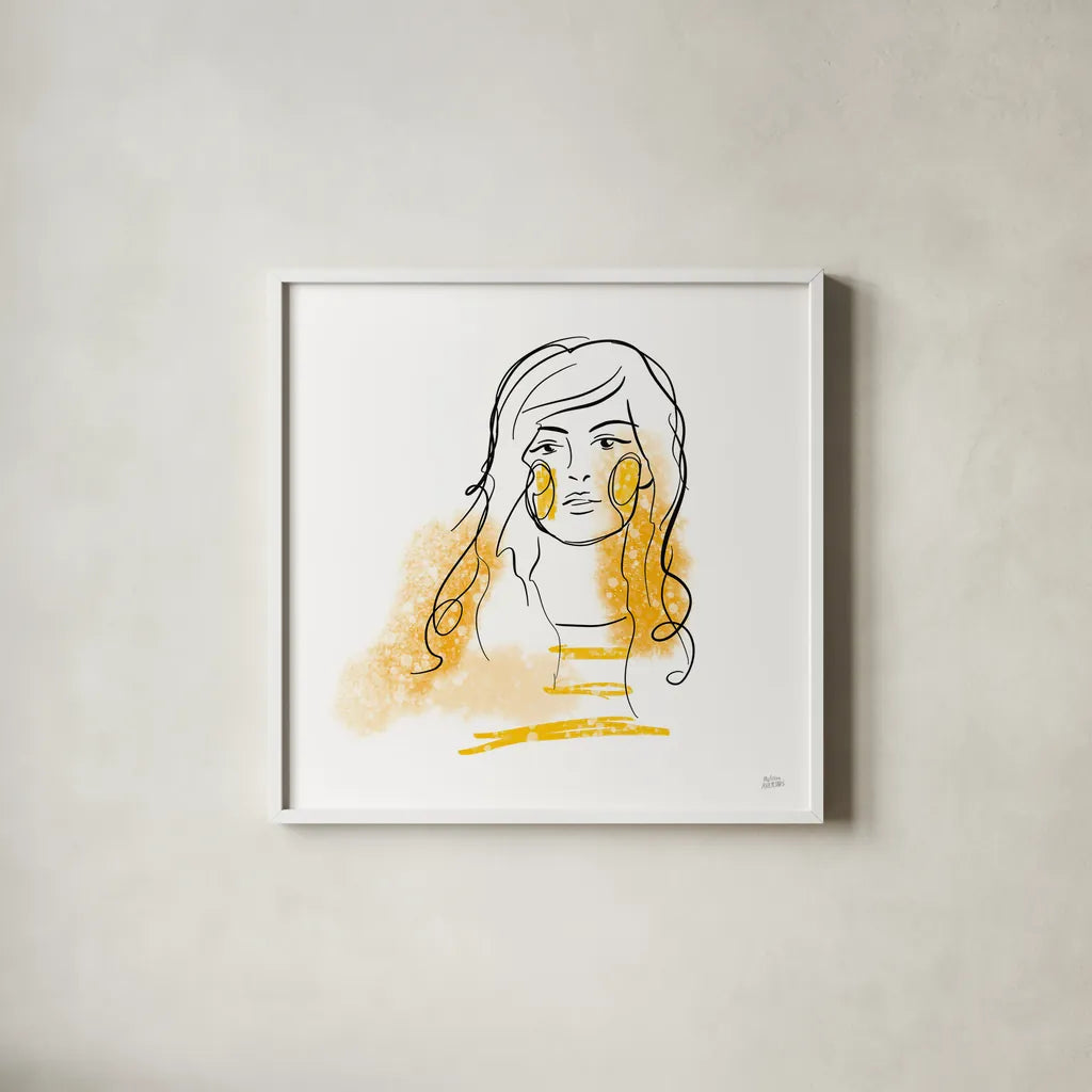 Feminine Ink I by Melissa Averinos. Shown in a crisp white glass frame for a clean and minimalist style. Available as an archival giclee rolled canvas, fine art paper, or poster print. SKU 64431a.