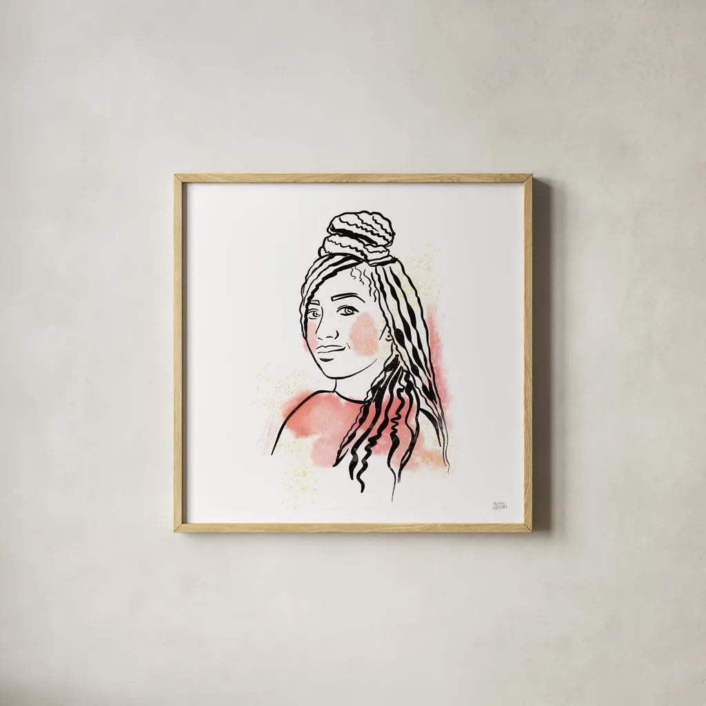 Feminine Ink II by Melissa Averinos. Shown in a natural wood glass frame for a timeless modern aesthetic. Available as an archival giclee rolled canvas, fine art paper, or poster print. SKU 64432a.