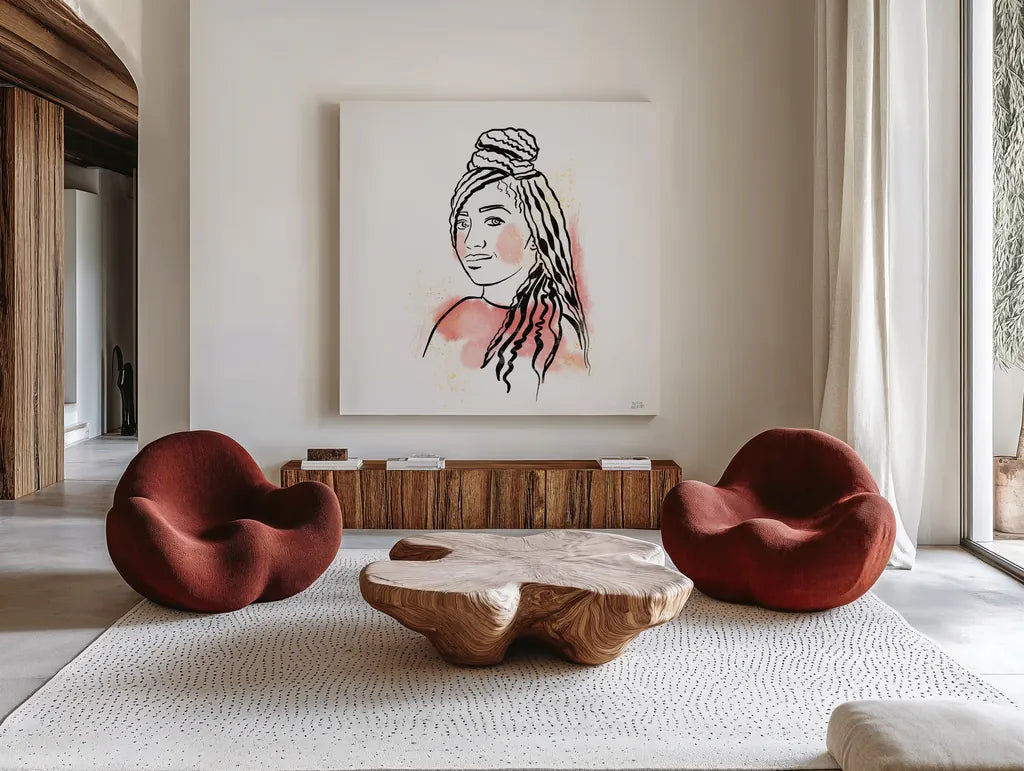 Feminine Ink II by Melissa Averinos. Shown as extra-large giant wall art in a modern living room. Available as an archival giclee rolled canvas, fine art paper, or poster print. SKU 64432a.