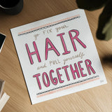 Fix Your Hair by Melissa Averinos. Shown as a detailed flat fine art print, highlighting archival giclee quality. Available as an archival giclee rolled canvas, fine art paper, or poster print. SKU 59173a.