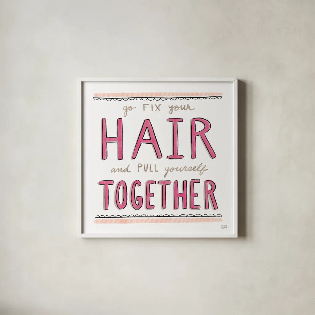 Fix Your Hair by Melissa Averinos. Shown in a crisp white glass frame for a clean and minimalist style. Available as an archival giclee rolled canvas, fine art paper, or poster print. SKU 59173a.