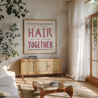 Fix Your Hair by Melissa Averinos. Shown in a natural wood frame in a cozy modern living room. Available as an archival giclee rolled canvas, fine art paper, or poster print. SKU 59173a.