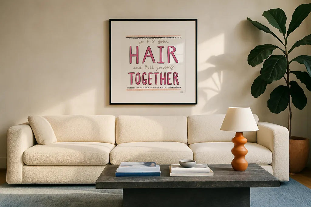 Fix Your Hair by Melissa Averinos. Displayed in a glass frame with matte in a clean modern living room. Available as an archival giclee rolled canvas, fine art paper, or poster print. SKU 59173a.