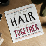 Fix Your Hair Black by Melissa Averinos. Shown as a detailed flat fine art print, highlighting archival giclee quality. Available as an archival giclee rolled canvas, fine art paper, or poster print. SKU 61830a.