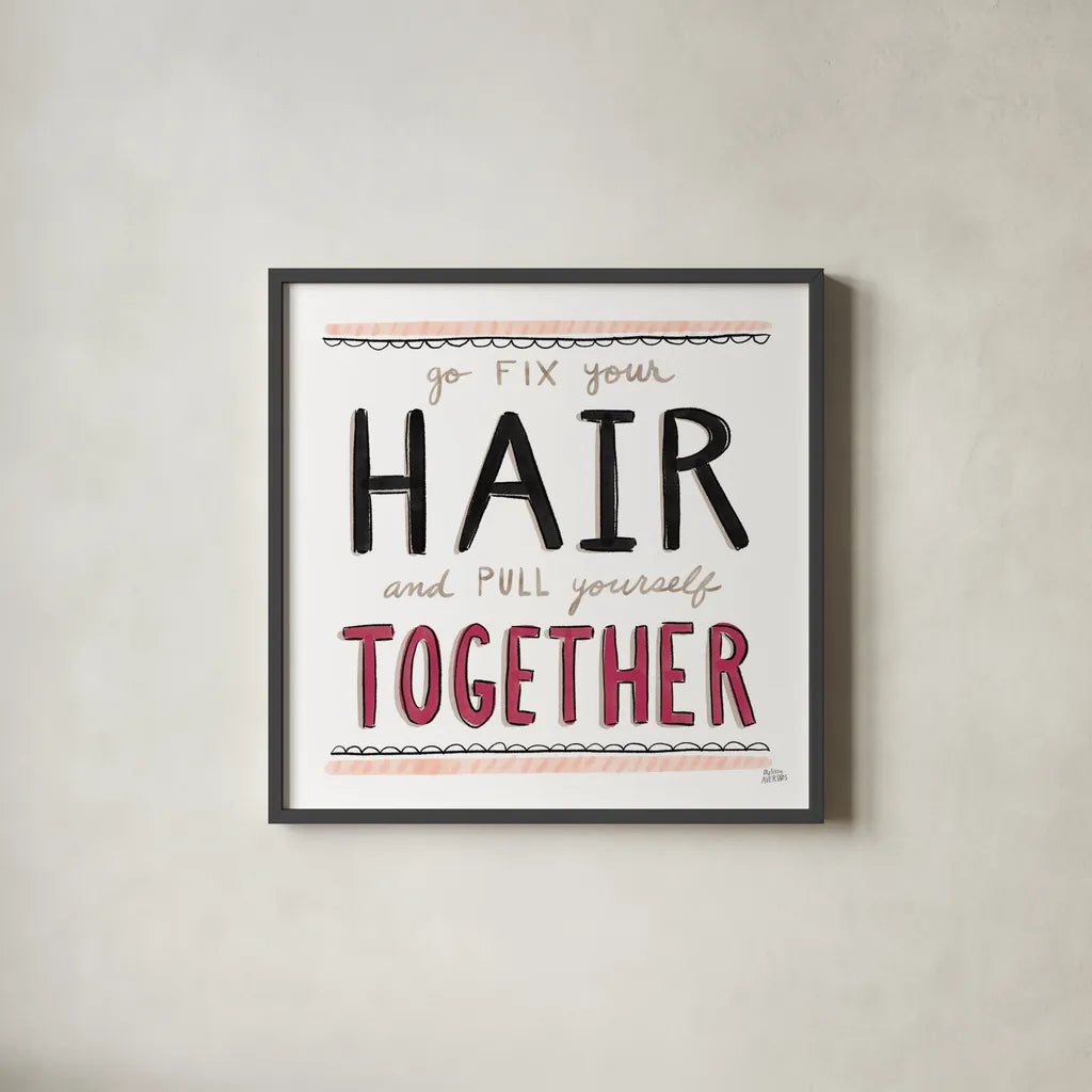 Fix Your Hair Black by Melissa Averinos. Shown in a sleek black glass frame for a contemporary gallery look. Available as an archival giclee rolled canvas, fine art paper, or poster print. SKU 61830a.