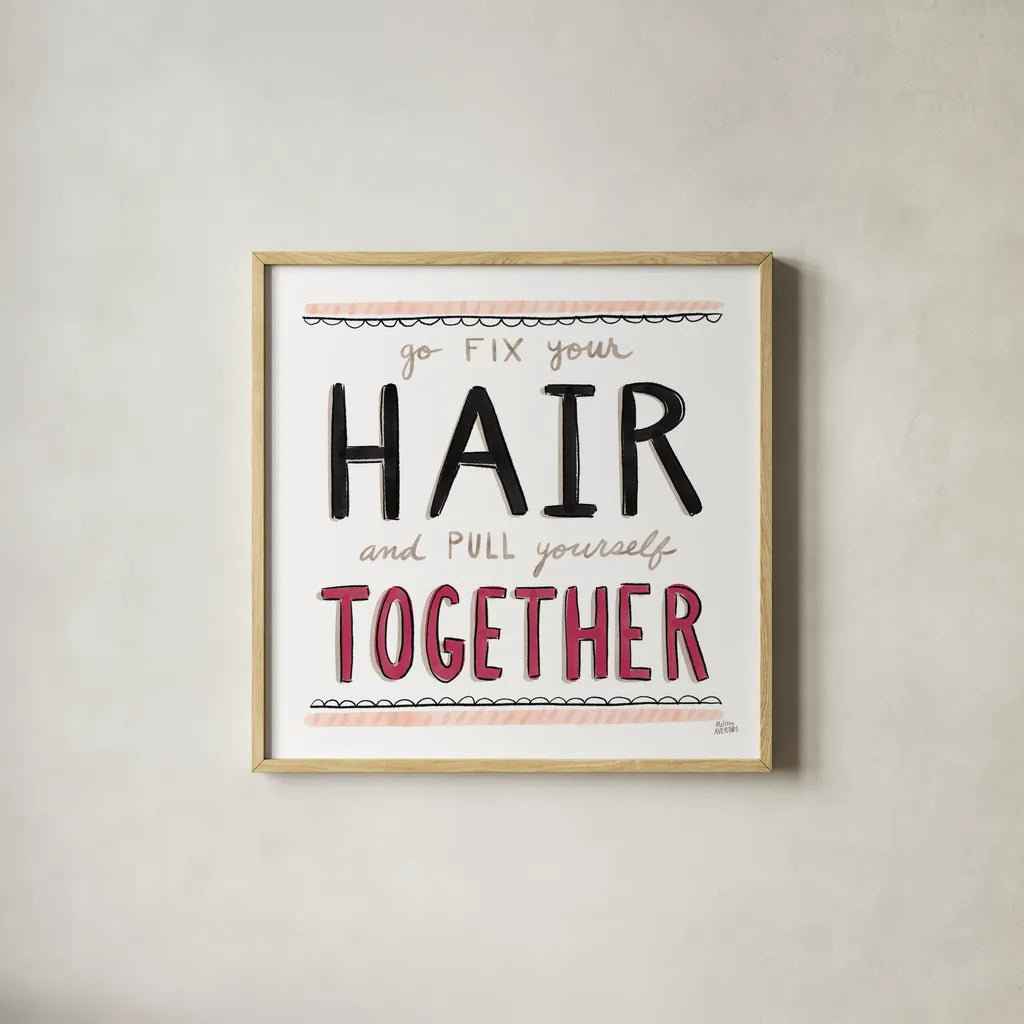 Fix Your Hair Black by Melissa Averinos. Shown in a natural wood glass frame for a timeless modern aesthetic. Available as an archival giclee rolled canvas, fine art paper, or poster print. SKU 61830a.